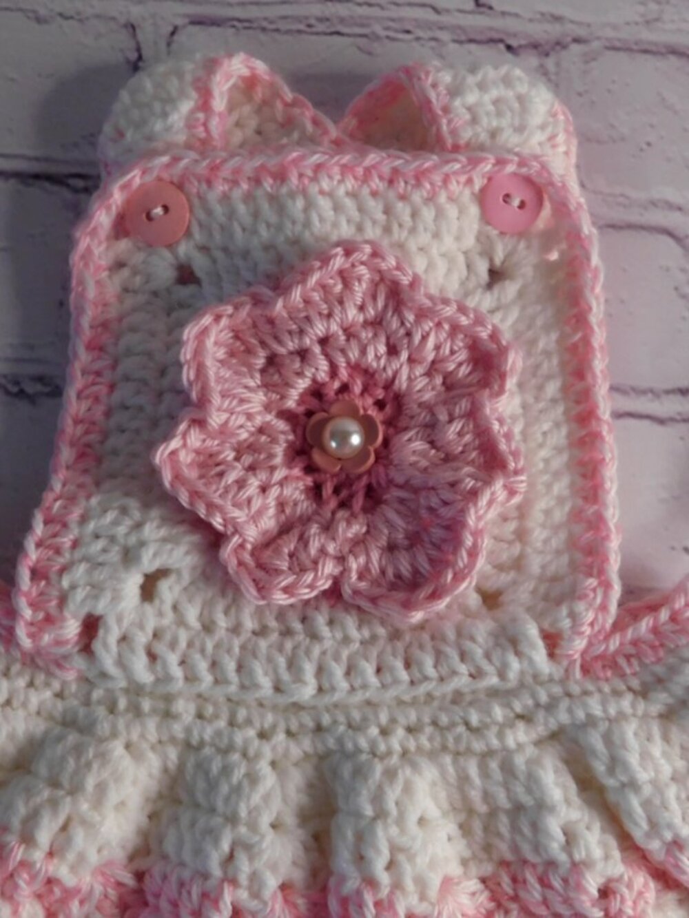 Crochet Baby Dress, Pink and White Flower, Newborn Outfit, Fits 0-3 Months - Picture 2 of 4